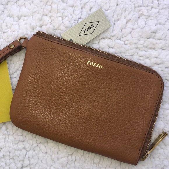 FOSSIL Tiegan Wristlet tan NWT leather zip pouch brown - Picture 1 of 9